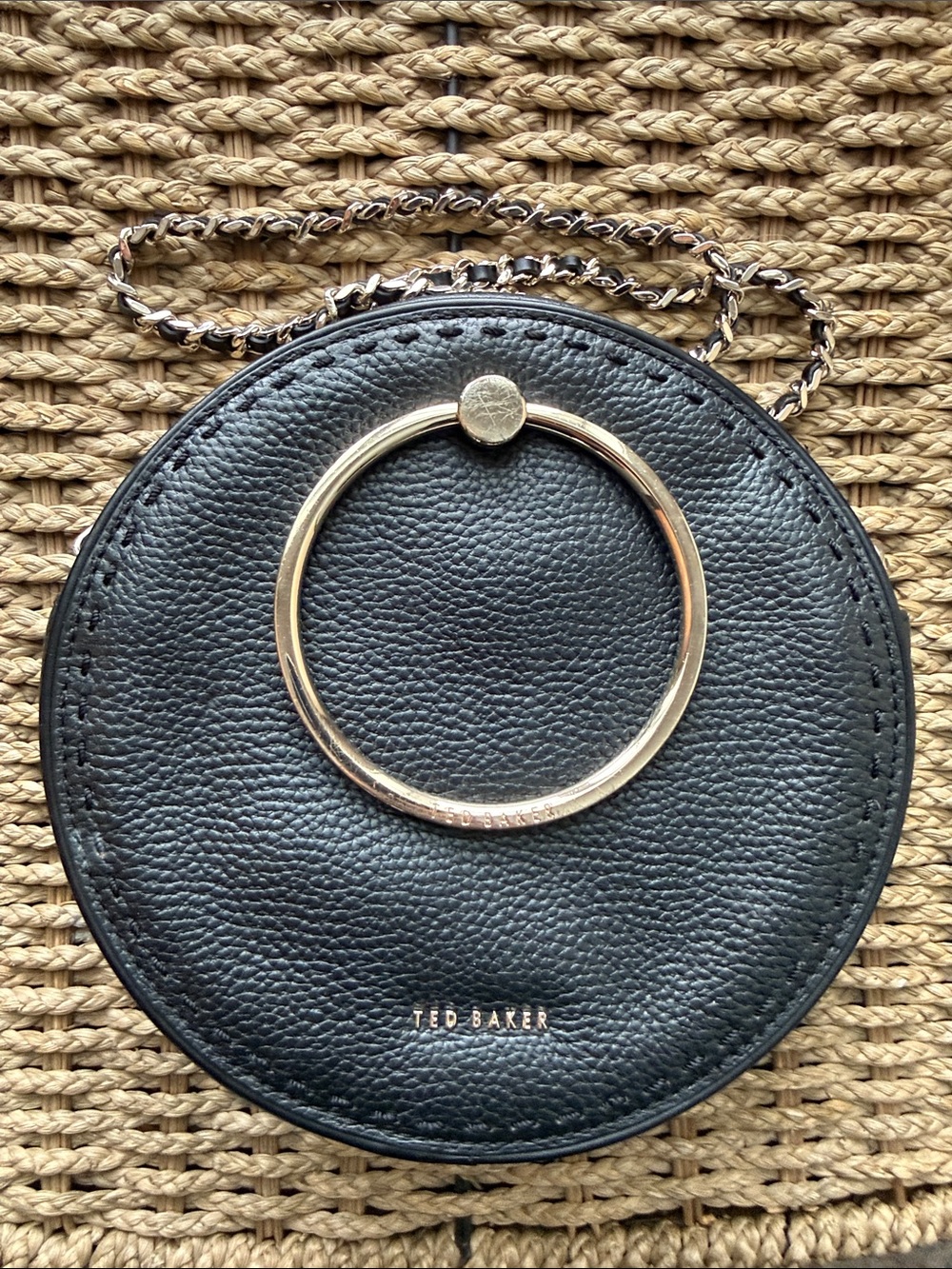 Ted Baker Black Leather Round Crossbody with Gold Ring and Chain Strap